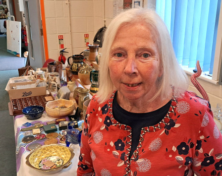 Picture of Val Warrington, organiser and stall holder at the monthly Grampound Antiques Fair