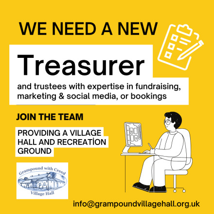 Advert for treasurer and other trustees showing a volunteer at a desk working as part of the team.